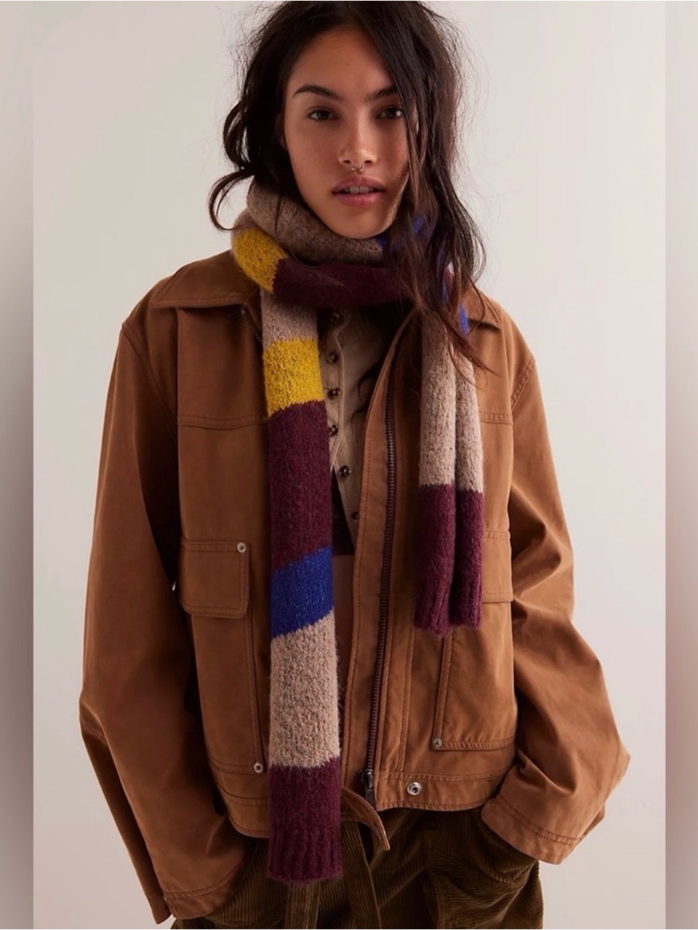 Free People Striped Cozy Knit Scarf in Burgundy, Blue, Yellow, Taupe NWT